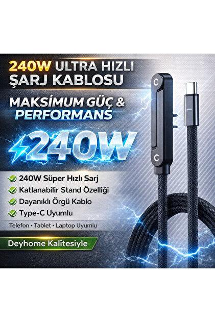 1.5m 240W Katlanabilir Stantlı Hızlı Şarj Destekli Type-C Kablo
